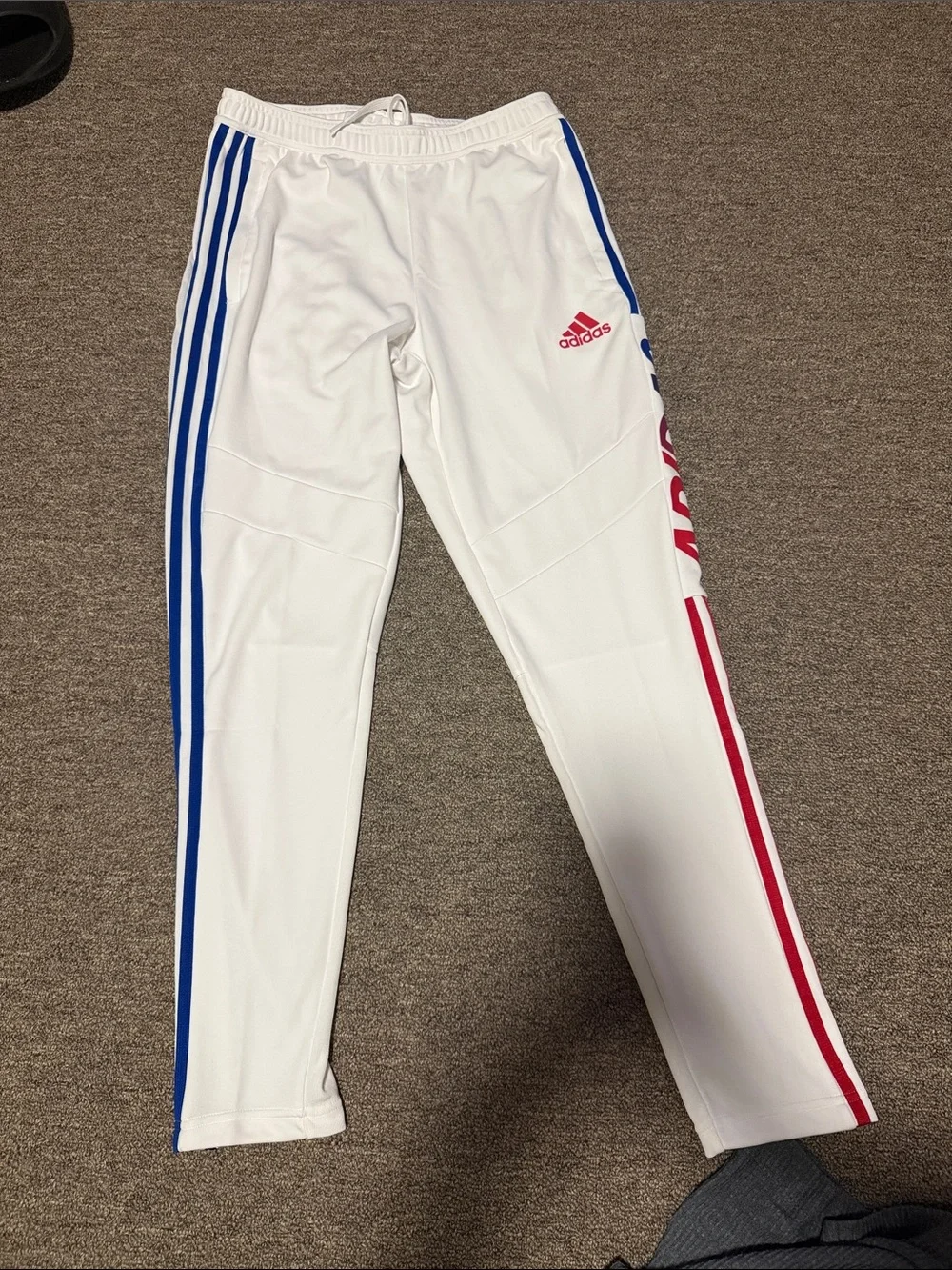 adidas White Joggers with Blue Triple Stripes & Red Side Accents